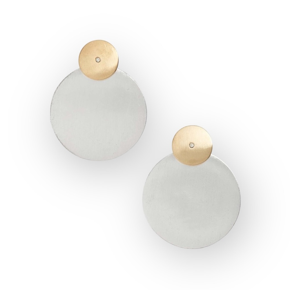 new Zen Sculptural Stack Disc ❉ Drop Earrings ❉ Gold Silver Tone ❉ Tiny Crystal - Picture 9 of 16